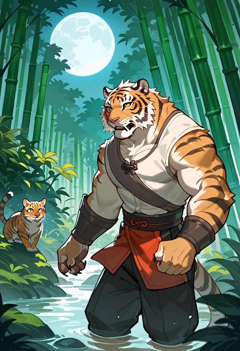 rating_safe, score_9, score_8_up, score_7_up, score_6_up, score_5_up, score_4_up, hires, source_furry, bamboo forest, moon, Chinese, male animal tigers and human girl,