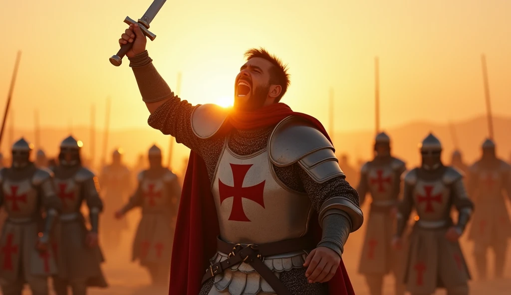 A highly realistic, high-contrast, 8K HD, detailed, hyper-detailed image of a Crusader protagonist on a desert battlefield at sunrise, letting out a powerful battle cry to rally his fellow Crusaders. The scene is set in the early morning as the sun begins to rise, casting warm golden light across the vast, sandy landscape. The protagonist, clad in steel armor with a prominent red cross emblem on his chest, stands at the center of the image, his face filled with determination and resolve. His arm is raised, sword in hand, as he calls out to his comrades, inspiring them to fight with renewed vigor. The surrounding Crusaders are in various states of readiness, responding to his call, but the focus remains on the protagonist. The scene is filled with energy and intensity, capturing the dramatic moment as the dawn light illuminates the battlefield. The image is of the highest quality, with ultra-high resolution, RAW photo quality, and Unreal Engine rendering, highlighting the heroism and leadership of the Crusader as he motivates his allies.