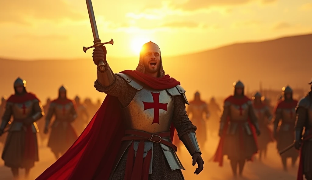 A highly realistic, high-contrast, 8K HD, detailed, hyper-detailed image of a Crusader protagonist on a desert battlefield at sunrise, letting out a powerful battle cry to rally his fellow Crusaders. The scene is set in the early morning as the sun begins to rise, casting warm golden light across the vast, sandy landscape. The protagonist, clad in steel armor with a prominent red cross emblem on his chest, stands at the center of the image, his face filled with determination and resolve. His arm is raised, sword in hand, as he calls out to his comrades, inspiring them to fight with renewed vigor. The surrounding Crusaders are in various states of readiness, responding to his call, but the focus remains on the protagonist. The scene is filled with energy and intensity, capturing the dramatic moment as the dawn light illuminates the battlefield. The image is of the highest quality, with ultra-high resolution, RAW photo quality, and Unreal Engine rendering, highlighting the heroism and leadership of the Crusader as he motivates his allies.

