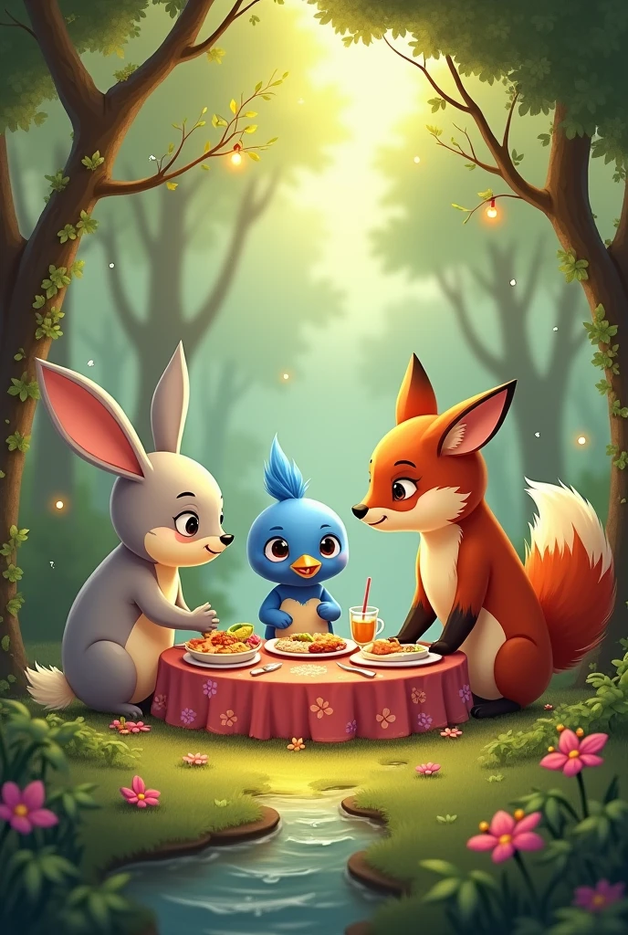 A rabbit and a blue bird and a fox having a meal with an child