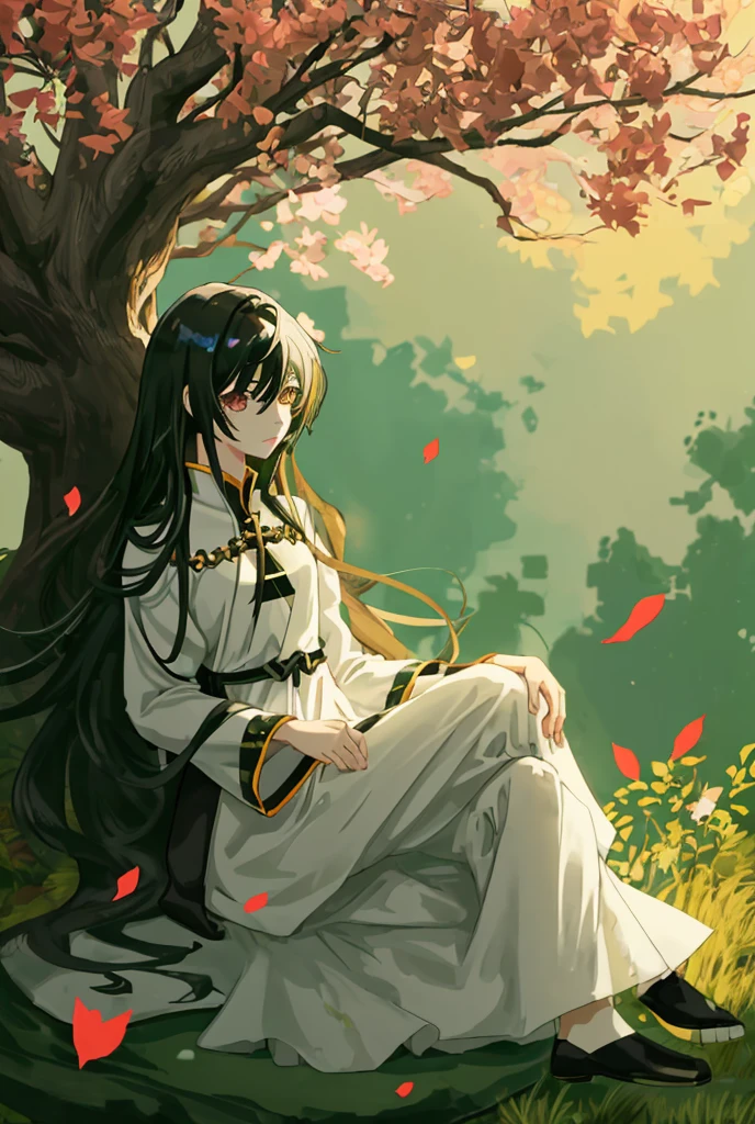 change girl to anime boy with black hairs wearing black tunic sitting by the tree