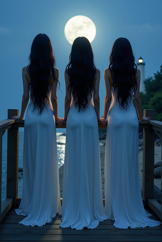((best quality)), ((masterpiece)), (detailed), professional portrait 3 curvy asian woman with wavy black hair,wearing a long maxi dress, footwear, leaning againt on a wooden bridge, looking at the beautiful beach,lighthouse, at nighht, full moon night