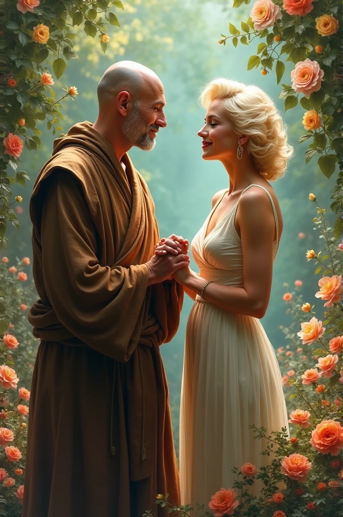 The bald monk holds Monroe's hand,Stand among the flowers。