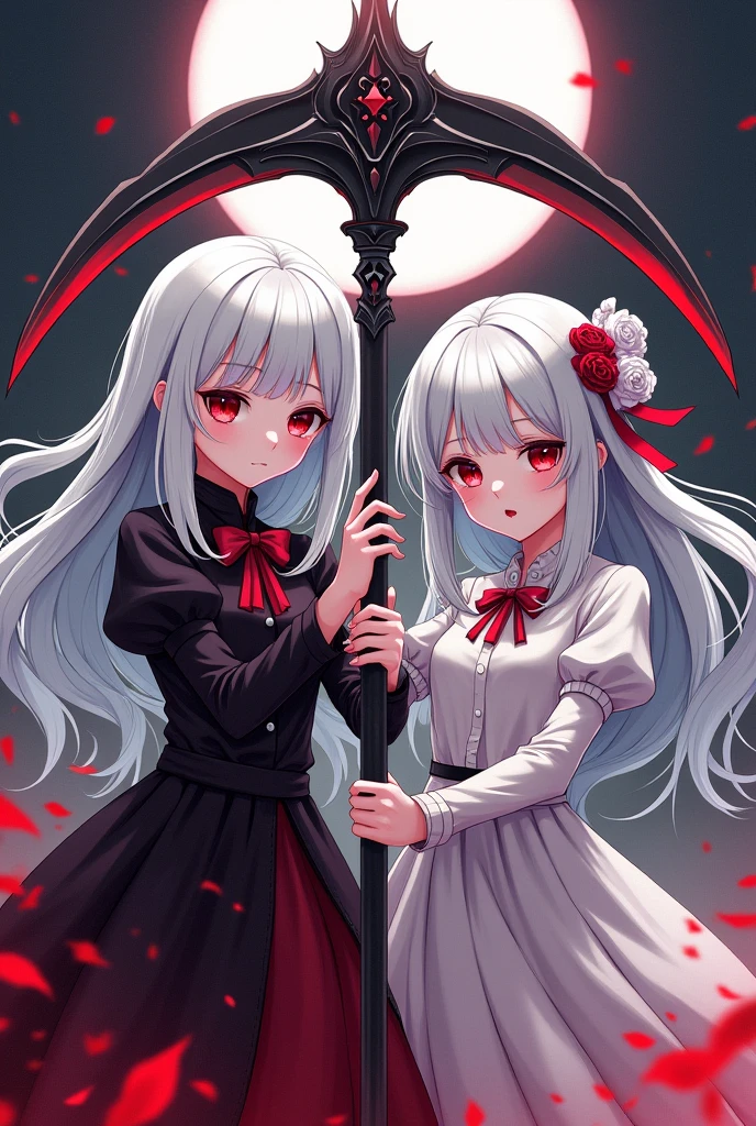 comic cover, gray death scythe, Features are cute girls,With waist-length white hair and ruby red eyes, Holding a scythe in a beautiful pose.