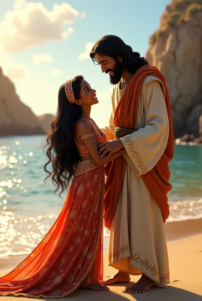 pixar character,  with long dress, Next to Jesus, biblical times, dark skin with straight wavy hair, Grinning, by the sea