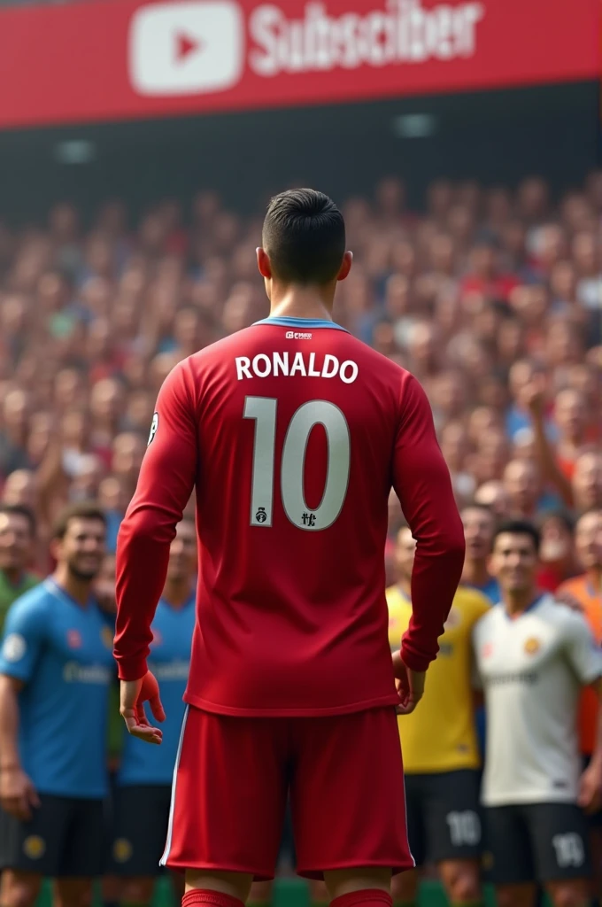 Ronaldo celebrate 50milion youtube subscribers...
A banner shows 50M subscribers done in the background... So many people enjoying in background and they wear blue, yellow, white, black, orange tshirts..
Ronaldo turn back side, his jersey number red and jersey and pant colour is red.... Only a YouTube logo in jersey....
Look real