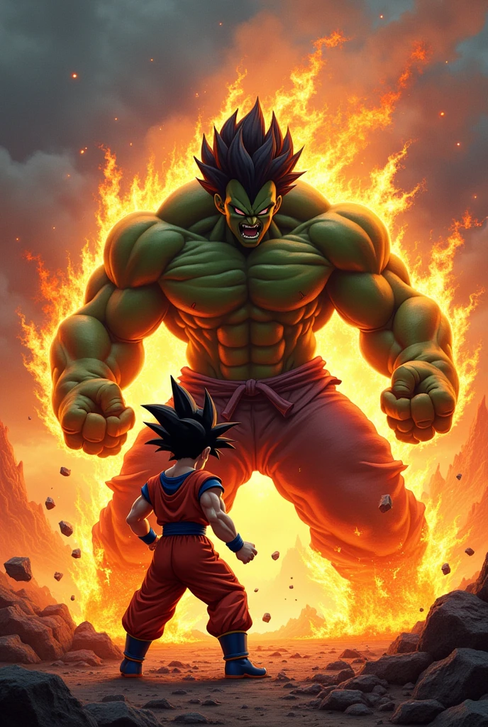 Image IA carrée de Goku Ultra Instinct contre Hulk, tous dthem en colère sur le champ de bataille avec le feu autour d&#39;them 