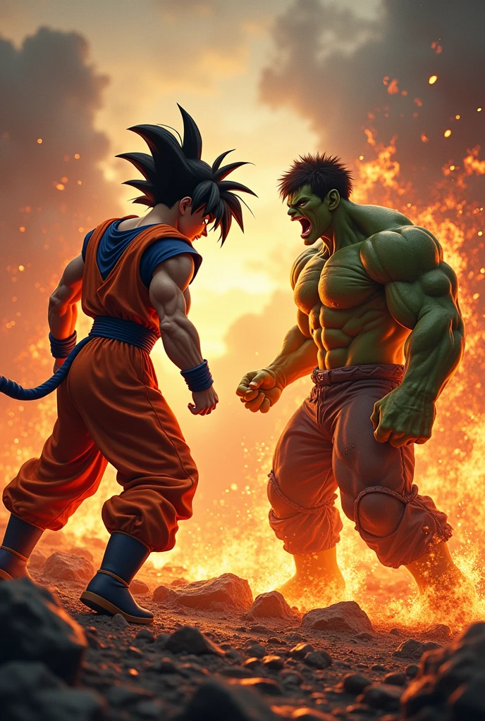 Image IA carrée de Goku Ultra Instinct contre Hulk, tous dthem en colère sur le champ de bataille avec le feu autour d&#39;them 