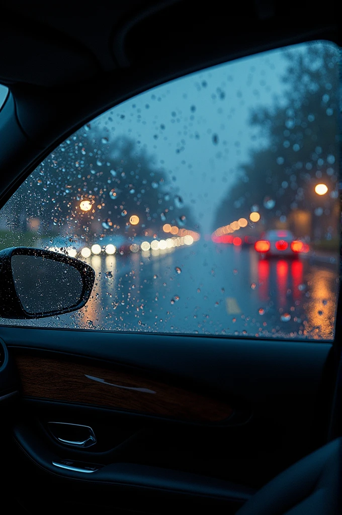 Image from inside luxurious car , night time , low night lights , the rain looks so beautiful from the window of the car , the drops of the rain in the glass of the car