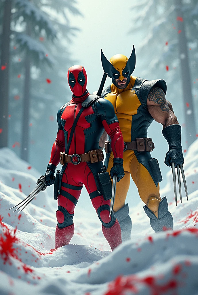 Yellow deadpool & wolverine with snow blood background