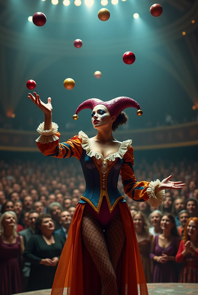 A SEXY FEMALE JESTER AT THE CIRCUS JUGGLING 5 BALLS WITH EASE. CAPTIVATING THE LARGE AUDIENCE INSIDE THE MAIN TENT.INCREDIBLEY DETAILED AND TEXTURED IN FULL 8K HD RESOLUTION