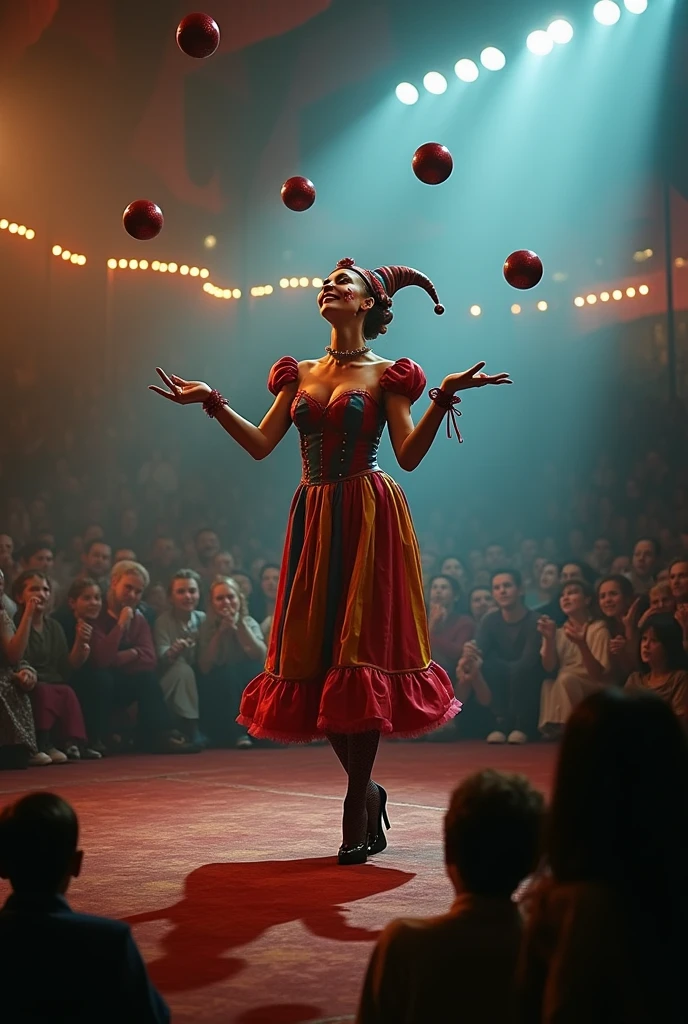 A SEXY FEMALE JESTER AT THE CIRCUS JUGGLING 5 BALLS WITH EASE. CAPTIVATING THE LARGE AUDIENCE INSIDE THE MAIN TENT.INCREDIBLEY DETAILED AND TEXTURED IN FULL 8K HD RESOLUTION