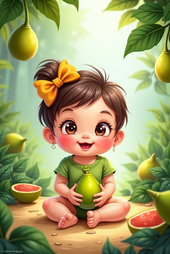 A baby with a bow on her head, with green blouse and shorts, sitting with guava fruit in her hand. Cartoon