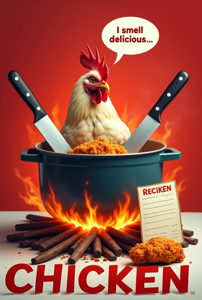 Background red and white, a pot on a top a fire, alive chicken in side the pot, two knifes crossed each other on top,fried chicken on a side of the pot and a recipe on the other side, the chicken looking at the the fried chicken, write "I smell Delicious ..." as a thought on the top of the chickens head,Write boldly with red and white letters" Hayken Chicken" At the bottom