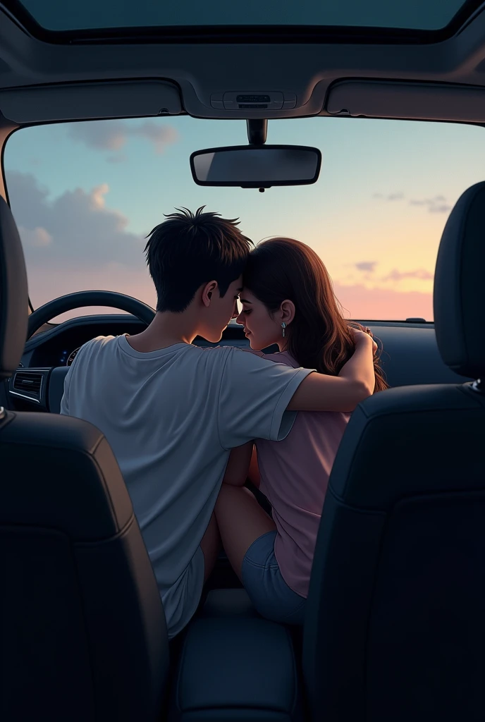 The boy is siting in the car's back seat holding hilding his girlfriend. The girl is sitting on the boy's lap. Make a image fromm the fron 