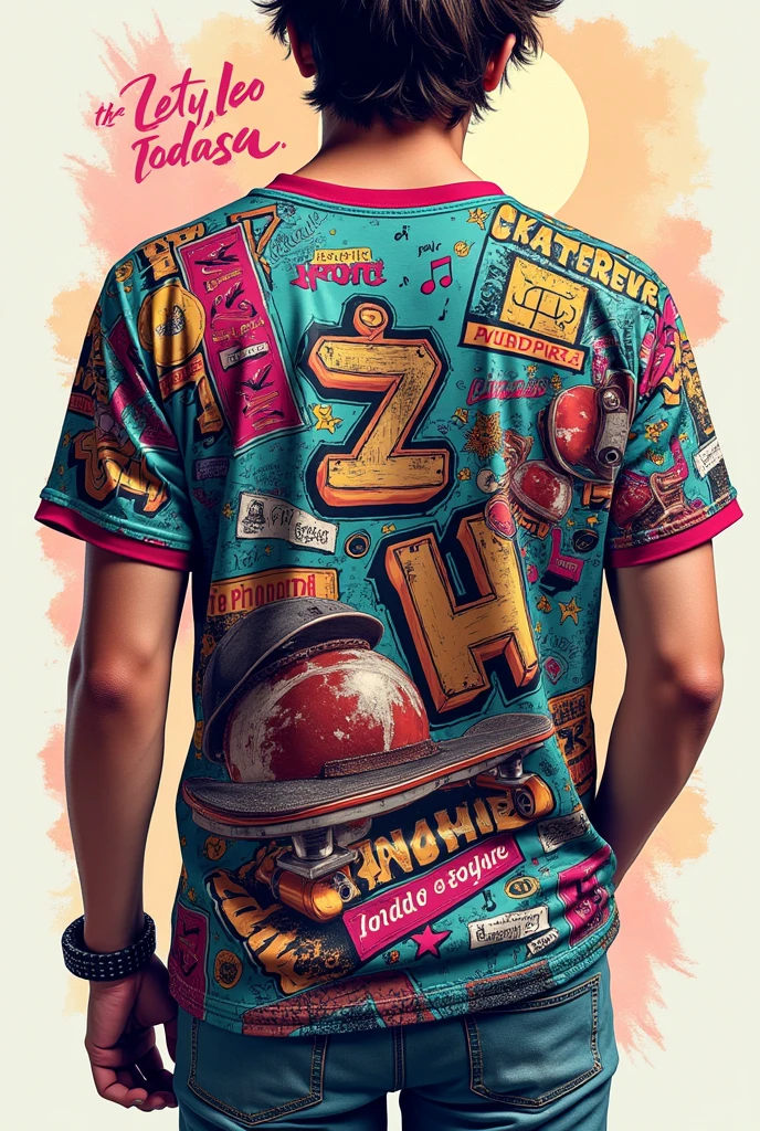 Shirt print for boyfriends with drawings, skate, Symbols, music, name, Celly, galo, colorfully, Vibrant, styled, Urban, detailed, Modern, Youngh, artistry, illustration, creative, textured