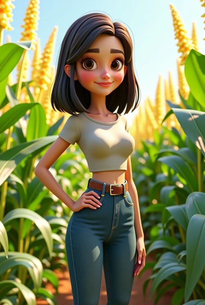 3d animation pixar style, 20 year old girl, agronomist, skinny, with white skin, big tits, medium length dark brown hair, wearing jeans with a buckle belt, wearing ankle boots, with a short blouse showing her belly, in amidst a sorghum field