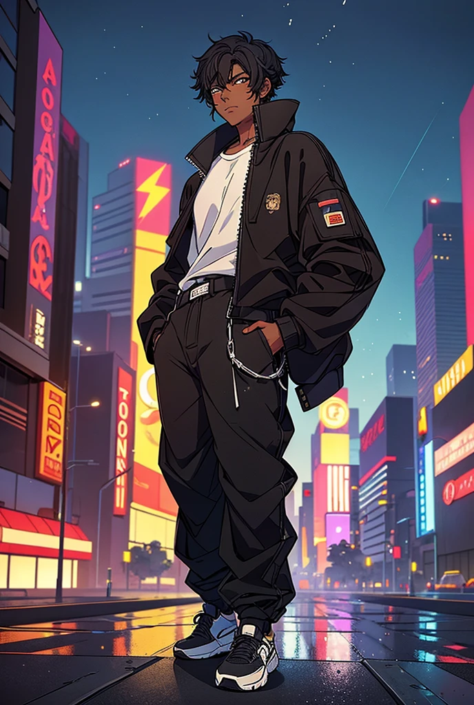 Anime boy with black hair wearing baggy pants and a jacket. He has brown eyes. futuristic city background. Holding out his hand to viewer. Lightning. Dark skinned.
