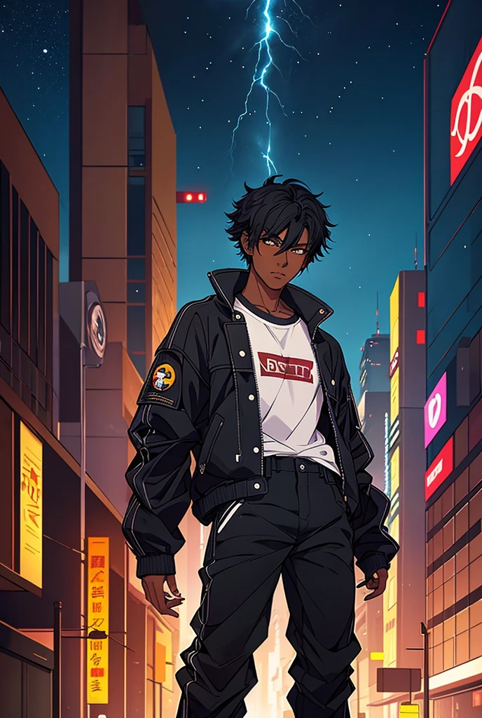 Anime boy with black hair wearing baggy pants and a jacket. He has brown eyes. futuristic city background. Holding out his hand to viewer. Lightning. Dark skinned.
