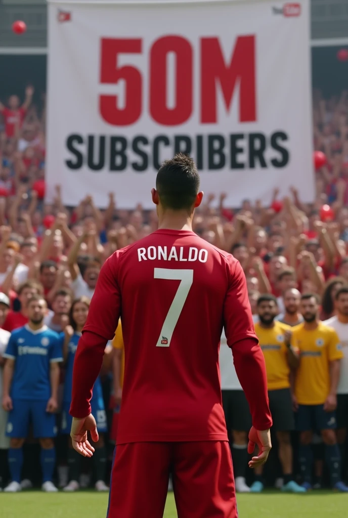 Ronaldo celebrate 50milion youtube subscribers...

A banner shows 50M subscribers done in the background... So many people enjoying in background and they wear blue, yellow, white, black, orange tshirts.. 

Ronaldo turn back side,  his jersey number 7 and jersey and pant colour is red.... Only a YouTube logo in jersey....

Look real