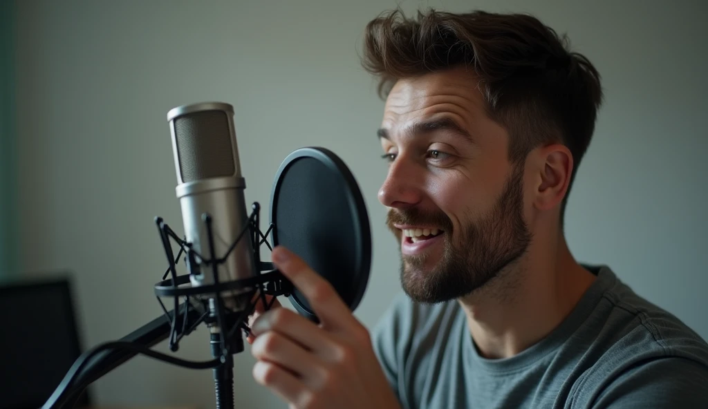 A man kept a mobile 2 to 3 inches away from his mouth for record his voice a simple image