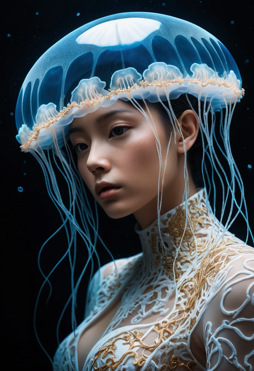photo RAW, (White and blue : Portrait of a ghostly jellyfish, shiny aura, highly detailed, gold filigree, intricate motifs, organic tracery, by Android jones, Januz Miralles, Hikari Shimoda, glowing stardust by W. Zelmer, perfect composition, smooth, sharp focus, sparkling particles, lively coral reef background Realistic, realism, hd, 35mm photograph, 8k), masterpiece, award winning photography, natural light, perfect composition, high detail, hyper realistic