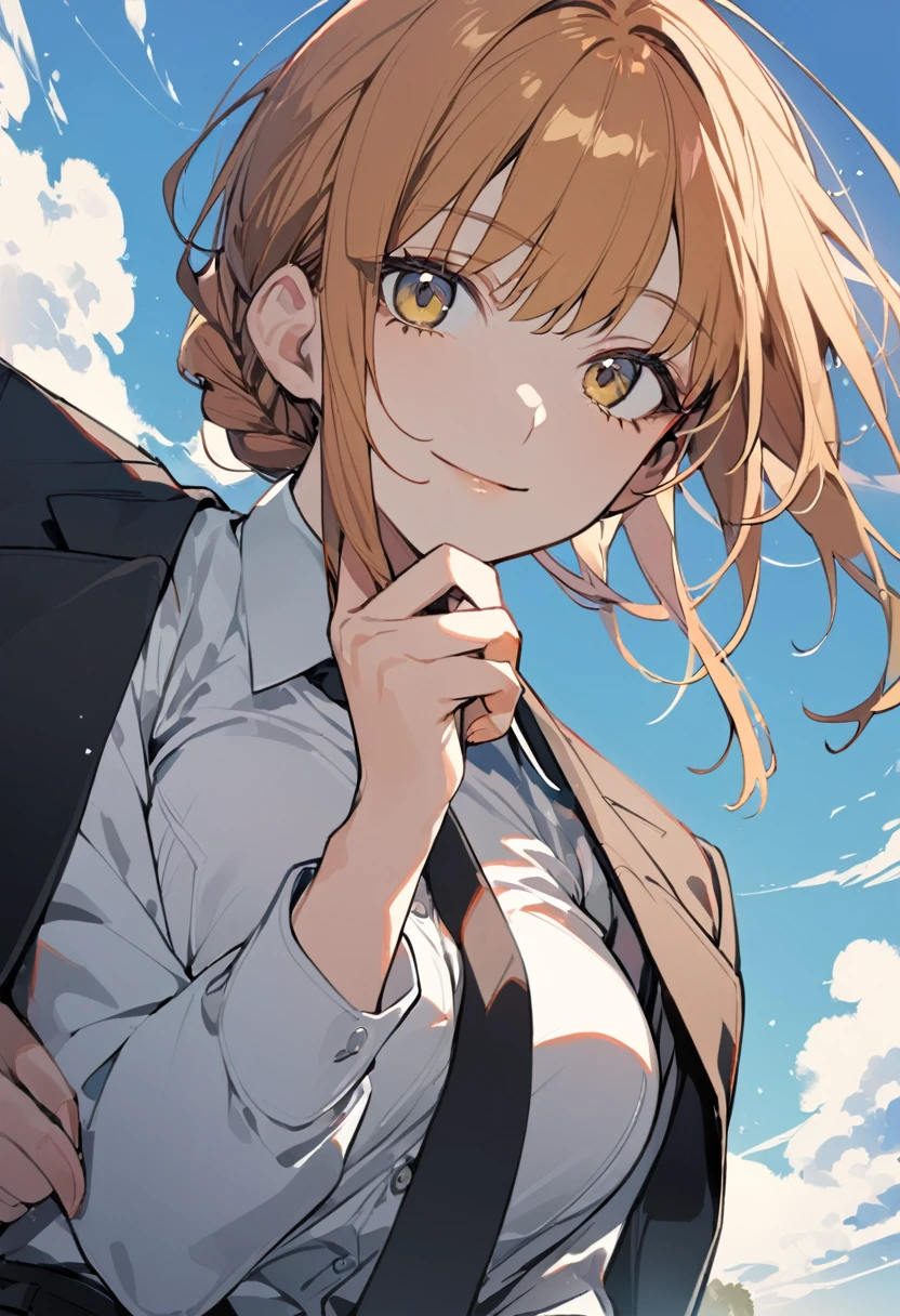 1girl, makima \(chainsaw man\), chainsaw man, black jacket, black necktie, black pants, braid, business suit, fingernails, formal, hand on own chin, jacket on shoulders, light smile, long sleeves, looking at viewer, looking up, medium breasts, office lady, smile, solo, suit, upper body, white shirt, outdoors