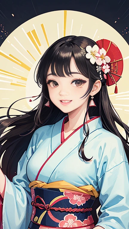 A beautiful woman smiles and shows her upper white teeth、Vividly colored Japanese Ukiyo-e style illustrations、(SeaArt creates stunning illustrations of beautiful women in kimono)、Brown-black long hair、Beautiful full body style、Let's dance a little Tokyo Ondo Yoiyoi、Beautiful digital painting,、Bright vibrant digital anime art、 Detailed digital anime art、 Beautiful anime portraits、background、Torii gate of a shrine in Kyoto, Japan、Detailed CG、