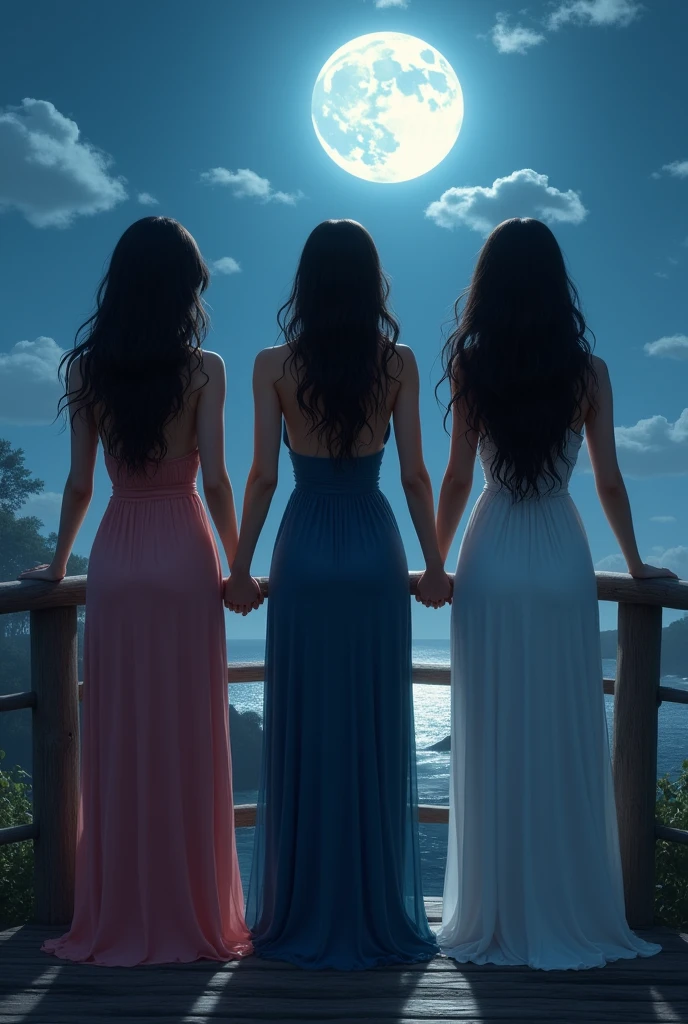 ((best quality)), ((masterpiece)), (detailed), professional portrait  3 curvy asian woman with wavy black hair,wearing a long maxi dress, footwear, leaning againt on a wooden bridge, looking at the beautiful beach,lighthouse, at nighht, full moon night