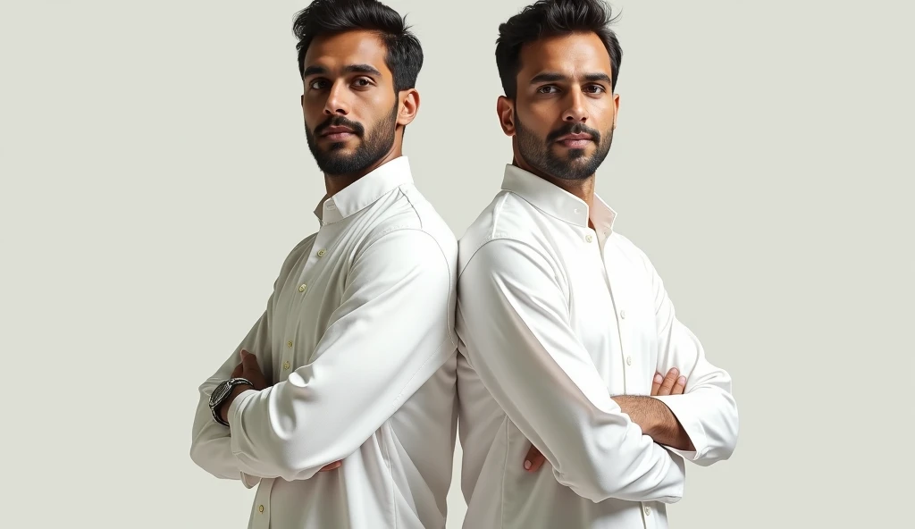 Two men Mr sudesh and Rajesh dressed in white standing back to back.