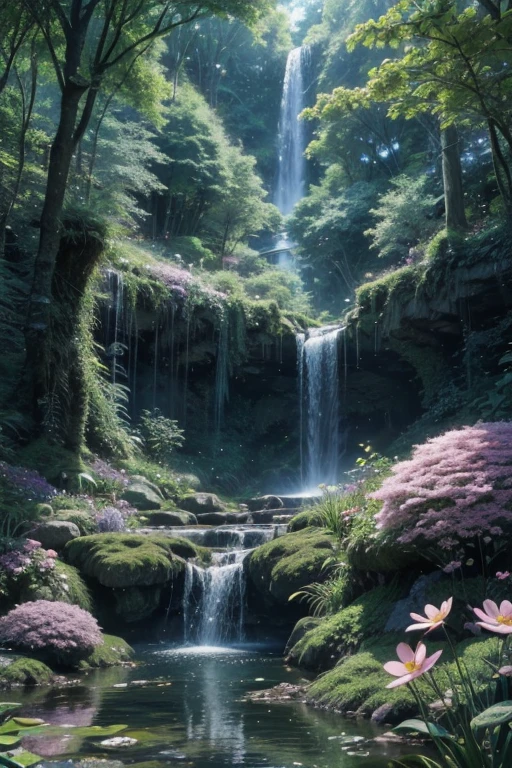 Viral anime nature wallpaper in 4K quality, in the style of illustration inspired by Studio Ghibli, depicting a hidden waterfall surrounded by lush greenery, delicate flowers blooming around, and small woodland creatures playing near the water; soft and pastel color temperature, cosmos lighting with stars twinkling in the sky, no human characters, the atmosphere is magical and calming