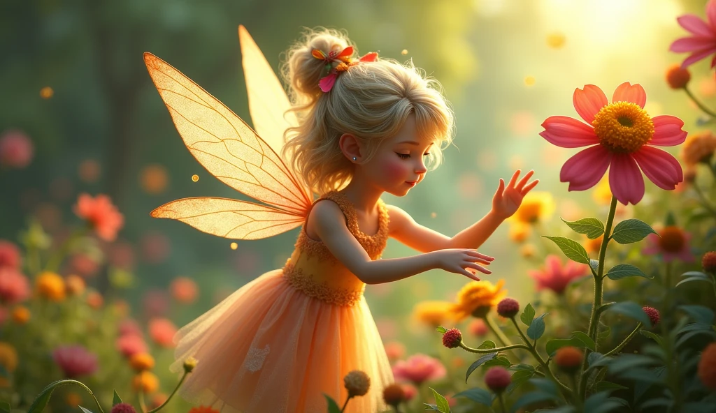 Fairy rooming around garden flower give her light on flower