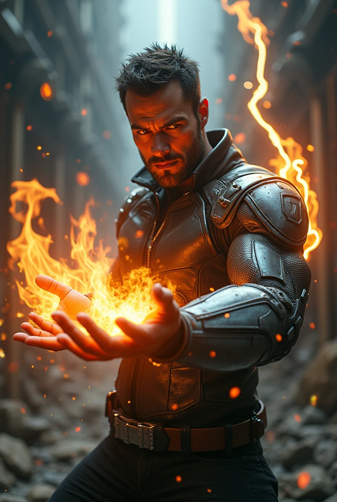 A man with fire power also iron hand with electric power