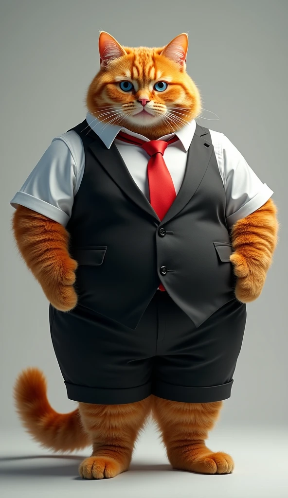 A very fat and obese orange cat stands with a confident posture., facing the camera. Her fur is bright orange and her eyes are bright blue., gives a sharp and slightly mischievous effect. This cat is wearing a cool outfit in the form of a white shirt., black fitted vest, and a striking red tie, neatly wrapped around his neck. The legs look sturdy and fat., with the tail curled elegantly at the side. Her whole body is visible in a stylish pose., ready to be photographed from head to tail
