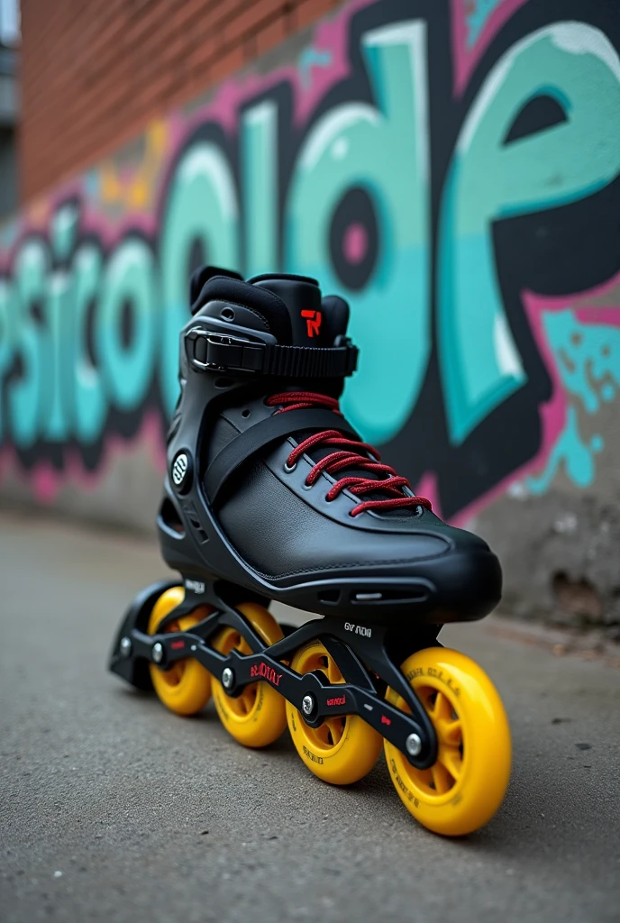 A high-quality photo of a high-end inline black skate wizard advanced  brand with the rolls yellow color with the text "Roller or die" on the skate. The background is an urban setting with graffiti on a wall that says "Psicoroller", reflecting the close connection between psychology and rollerblading. The ground is made of concrete.