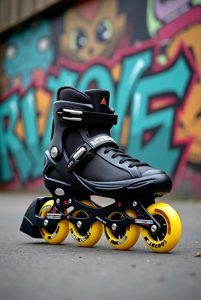 A high-quality photo of a high-end inline black skate wizard advanced brand with the rolls yellow color with the text "Roller or die" on the skate. The background is an urban setting with graffiti on a wall that says "Psicoroller", reflecting the close connection between psychology and rollerblading. The ground is made of concrete.