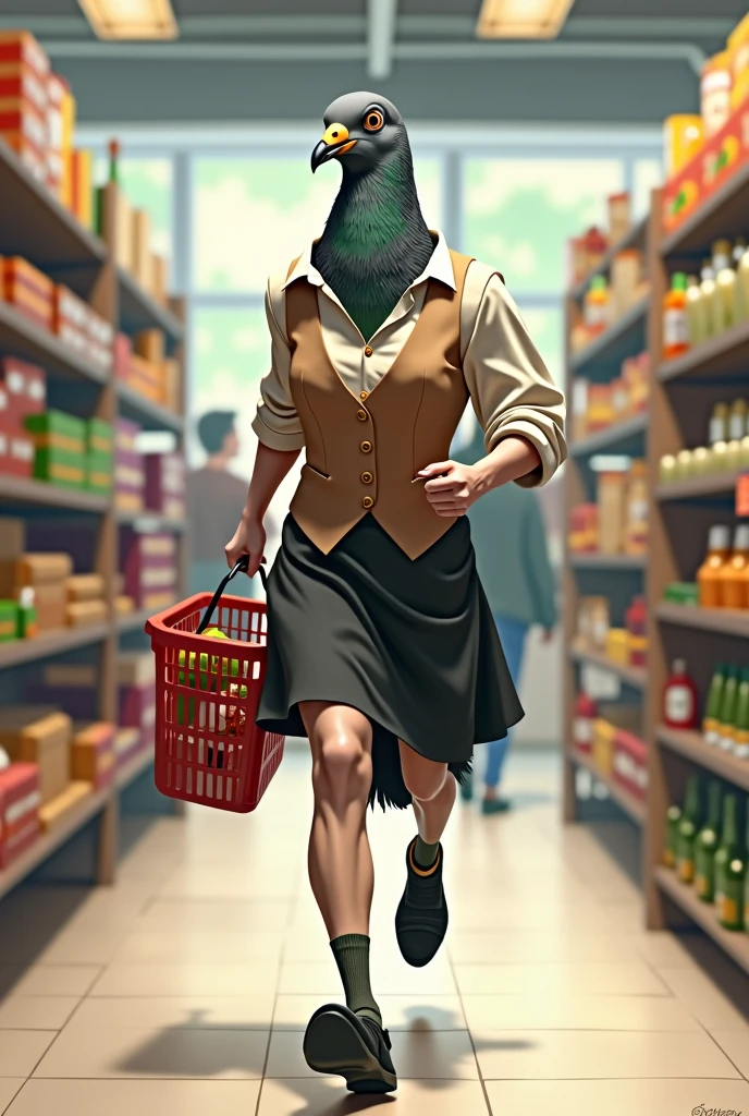 A gray female pigeon wearing an off-white collared short-sleeved shirt, a light brown vest, a knee-length black skirt, dark green socks and black shoes.、Running through a supermarket with a shopping basket、A muscular grey female pigeon that looks like a bodybuilder