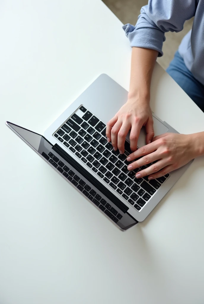 Create a top-down view image that captures a tight close-up shot of a worker's hands typing on a laptop. The focus should be on the laptop and the hands, with the rest of the scene featuring a minimalist, all-white table surface. The design should be clean and modern, emphasizing the workspace's simplicity and the worker's concentration on the task at hand