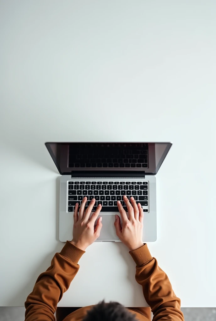 Create a top-down view image that captures a tight close-up shot of a worker's hands typing on a laptop. The focus should be on the laptop and the hands, with the rest of the scene featuring a minimalist, all-white table surface. The design should be clean and modern, emphasizing the workspace's simplicity and the worker's concentration on the task at hand