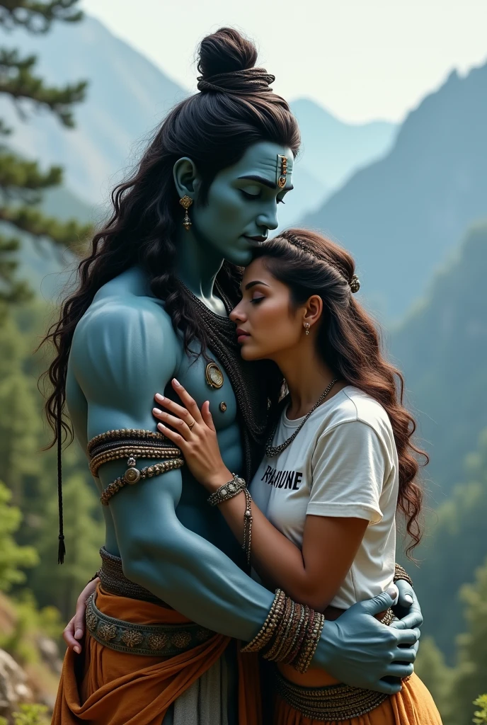 Create a high quality realistic image, lord Shiv and a 20 year old age girl hugging are Warking with each other, girl is wearing white t-shirt on which his name "NANDNI" is written boldly on top, both are emotional, environment is mountain, background is of tree, image should ultra