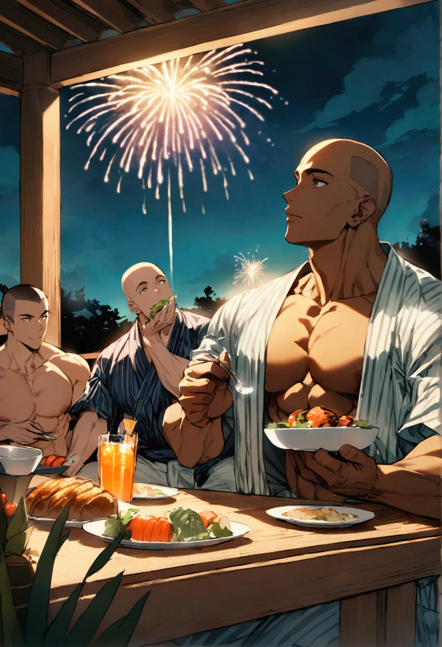 Highest quality、Midsummer evening、Short Hair、Sports haircut、Enjoying a meal on the veranda wearing a yukata4Group of muscular men、Pectoralis major、Abdominal muscles、Brown skin、Shaved head、firework