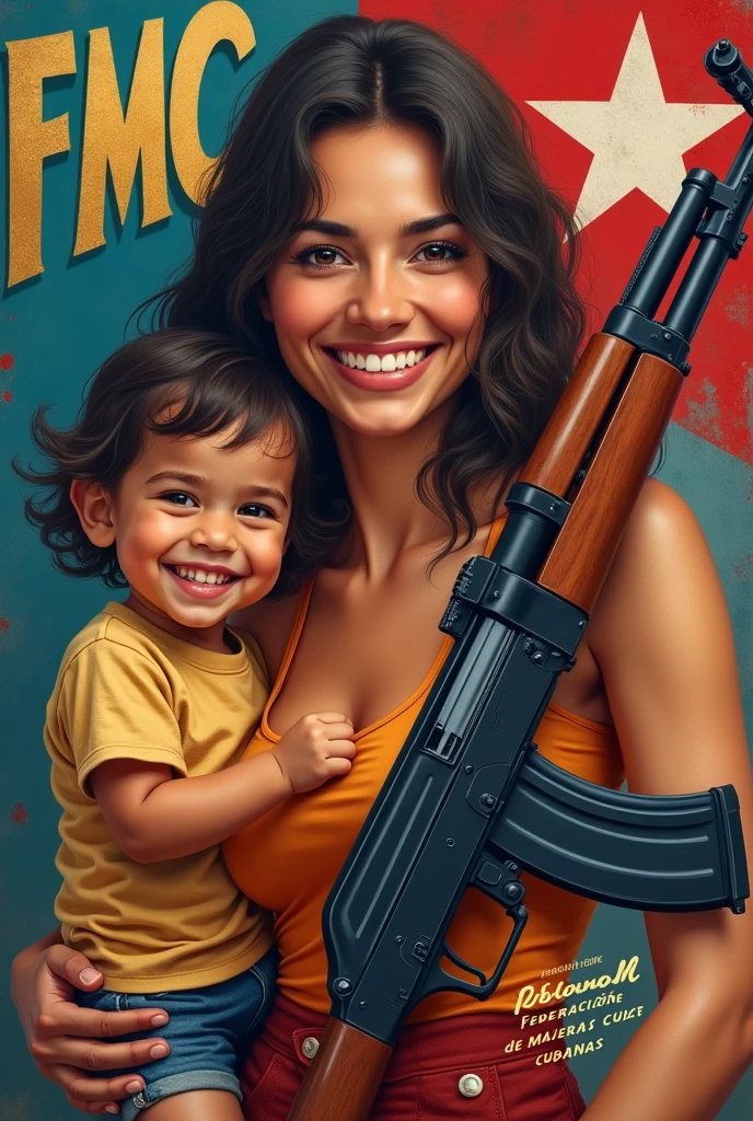 A Cuban woman (25 years) , beautiful , happy; sonrriendo, with a child(6 años happy y contento) holding his right hand and in the left an AK-M ; a text in gold letters with the initials FMC and another below that says "Congratulations Cuban federation"