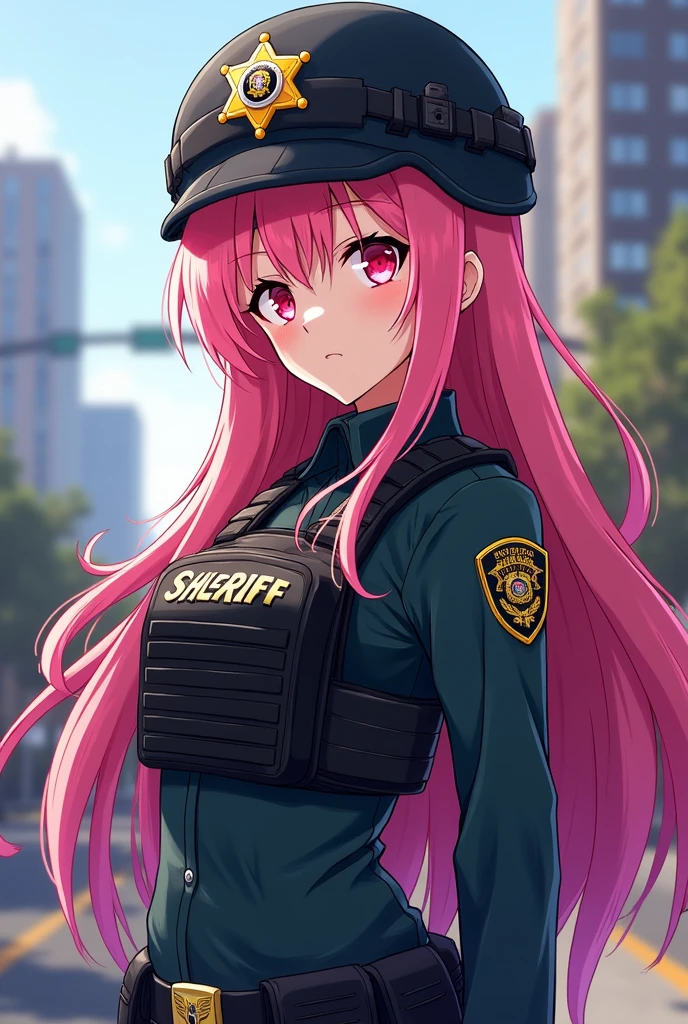 Anime girl with pink hair and pink eyes is seen wearing a tactical uniform with vest and helmet from the Los Santos Sheriff Department 