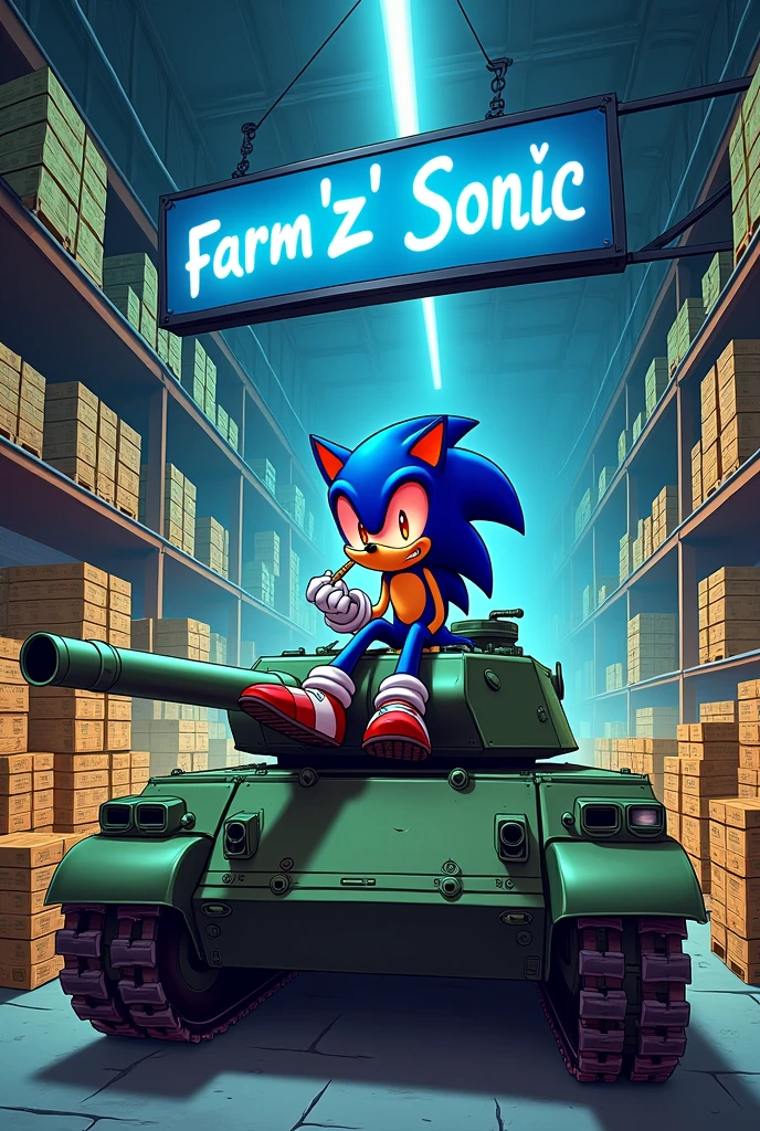 entrepôt avec beaucoup de cargaison de weed et il y'a ecrit Farm'z Sonic en bleu en haut sur une grande pancarte et je veux qu'il y'a sonic avec les yeux rouge qui fume un joint assis sur un tank en cartoon