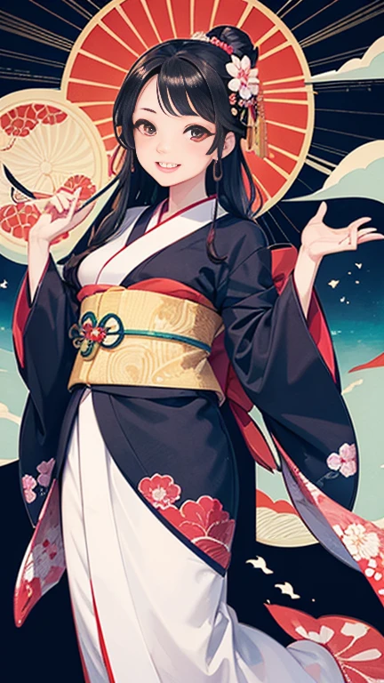 A beautiful woman smiles and shows her upper white teeth、Vividly colored Japanese Ukiyo-e style illustrations、(SeaArt creates stunning illustrations of beautiful women in kimono)、Brown-black long hair、Beautiful full body style、Let&#39;s dance a little Tokyo Ondo Yoiyoi、Beautiful digital painting,、Bright vibrant digital anime art、 Detailed digital anime art、 Beautiful anime portraits、background、Torii gate of a shrine in Kyoto, Japan、Detailed CG、