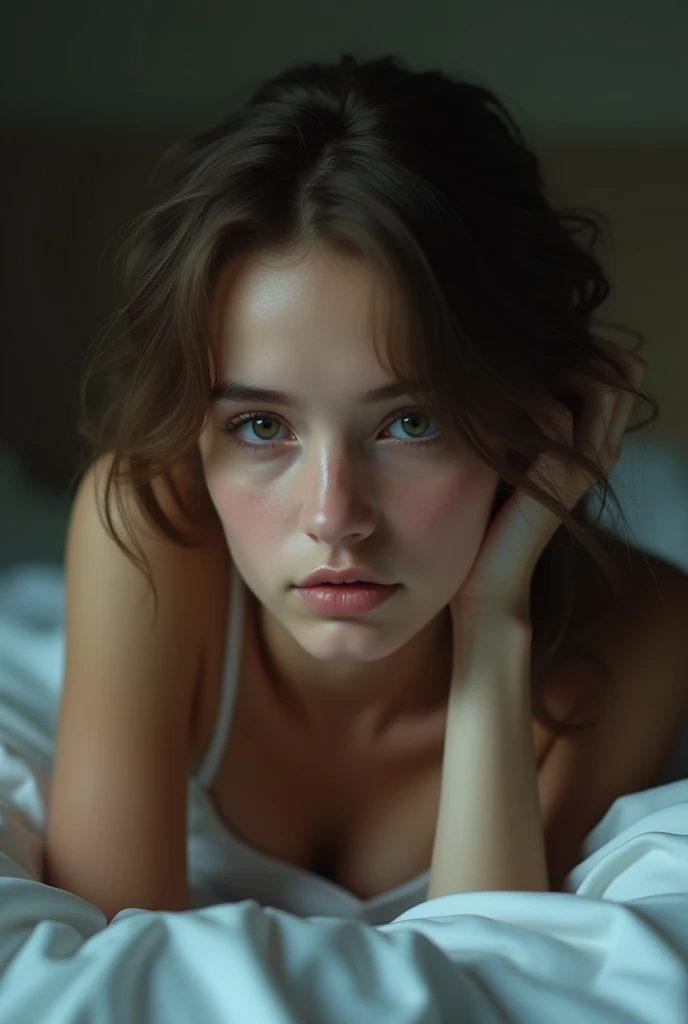young naked woman lying on her stomach on a bed, close angle on her face