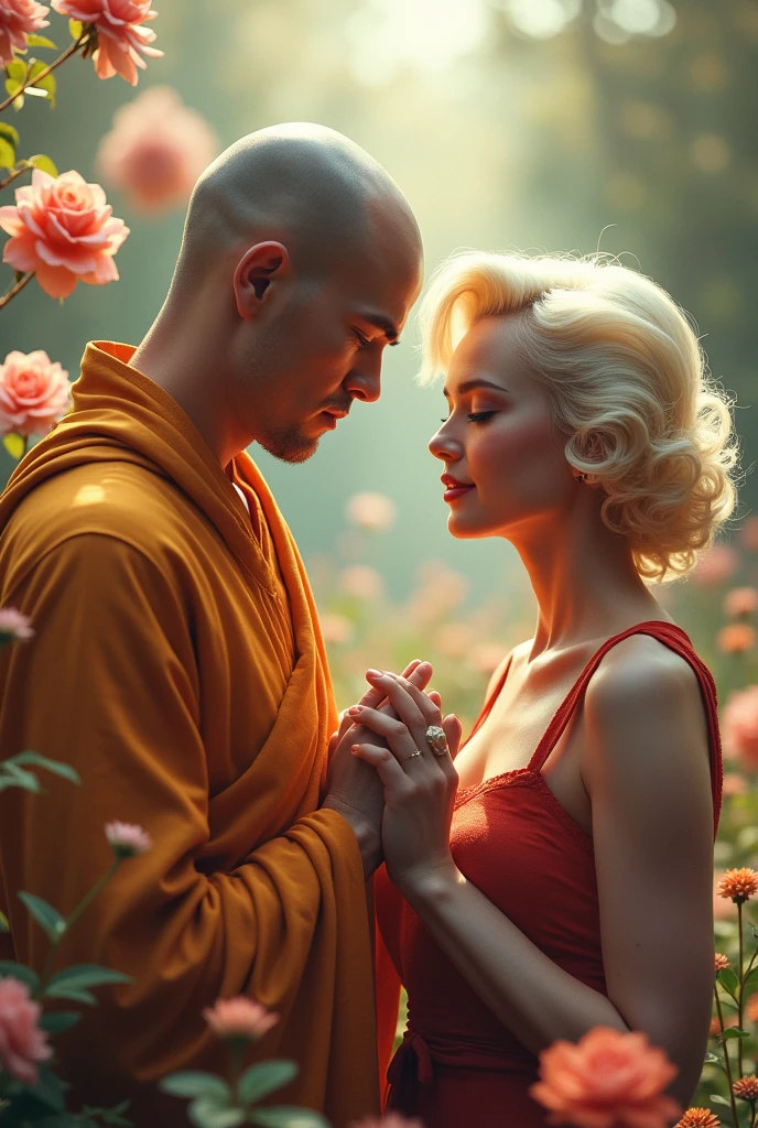 The bald monk holds Monroe's hand,Face facing the camera,Stand among the flowers。