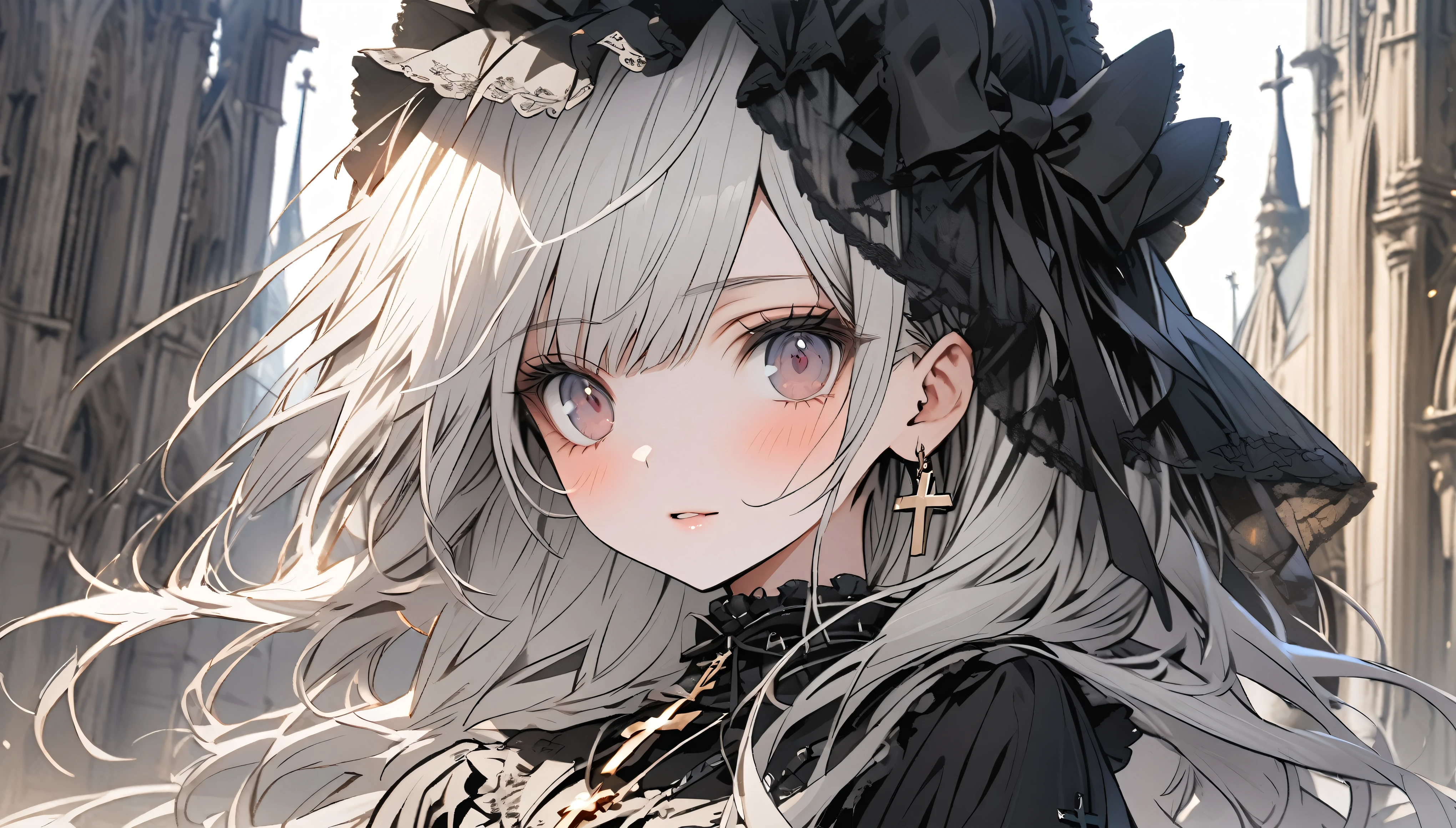 Beautiful girl with white hair，Black Lolita Outfit，Lolita veil，cross pendant，Standing in front of the church garden，panoramic，Character Close-up