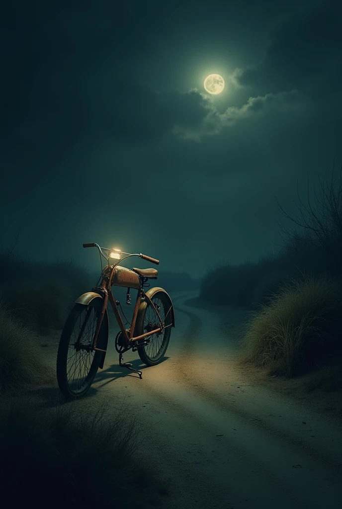 Create a poster with the following elements:
Background: A moonlit night with darkness all around. The setting should be eerie and mysterious.
Foreground: A brown sandy path stretches through the middle of the scene. On this path, place an old, rusty 1970's Indian bicycle.
Lighting: The only source of light in the entire scene should be the dim, glowing bulb of the bicycle. The light from this bulb should be focused, casting a soft glow around the bicycle and highlighting the path.
Text Elements:
Title: "LIFE OF THIEVES" should be written in the light emitted by the bicycle bulb. The text should appear as if it's part of the light itself, glowing faintly but clearly visible.
Credits: Centered on the poster, include the names "SUDHEESH RAMACHANDRAN - JAY KAY" in a clear, readable font.
Announcement: At the very bottom of the poster, place the text "ANNOUNCEMENT COMING SOON" in a subtle but noticeable way.
The overall vibe should be mysterious, dark.