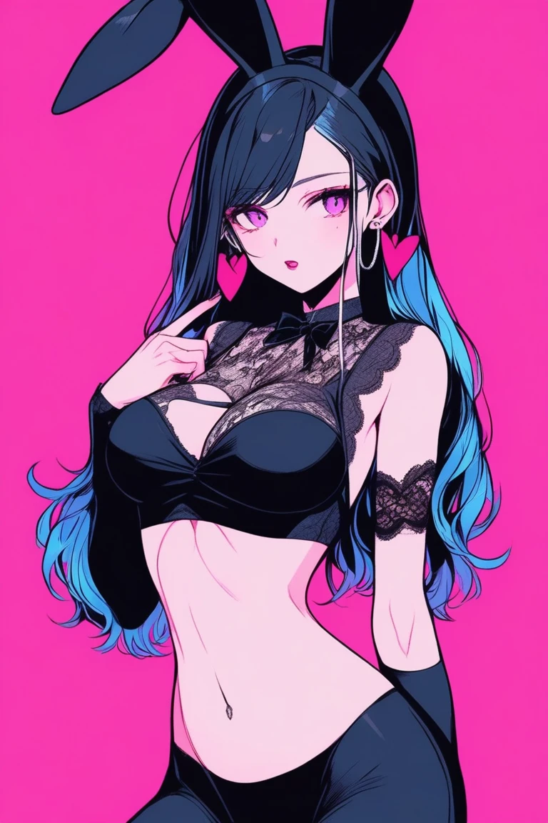 Illustrator, anime , Realistic ,sketch , 1 person, model, Age 25, lip, Sexy and revealing lace Playboy Bunny,Bunny ears, black Bunny ears, fake Bunny ears, pantyhose, black pantyhose,bow tie, Wrist cuff, Black leotard, order, Blue and pink gradient background, Neon Long Hair, Big Breasts, Her cleavage is visible, look back, Upper Body, Sexy look, Texture Trim, Russia, (masterpiece,Highest quality)